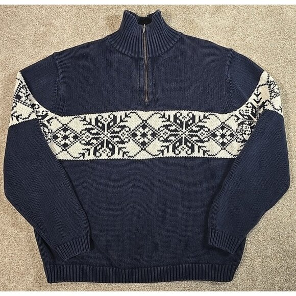 Covington Sweater Fair Isle Quarter Zip Cotton Snowflake Ski Winter Blue Men XL - Picture 1 of 10